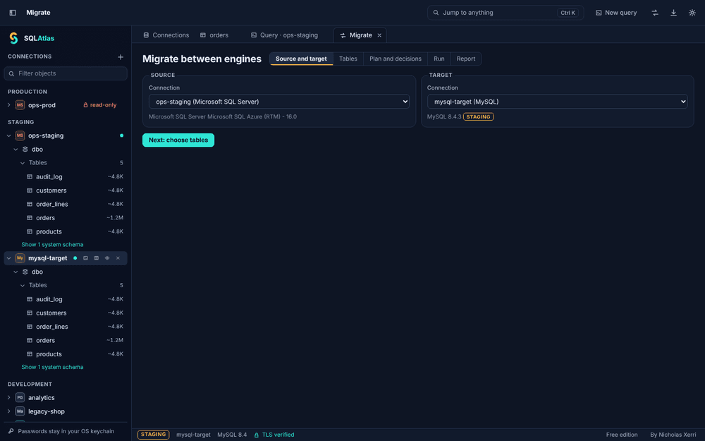 Migrate between engines, step one: a SQL Server source and a MySQL target connection.