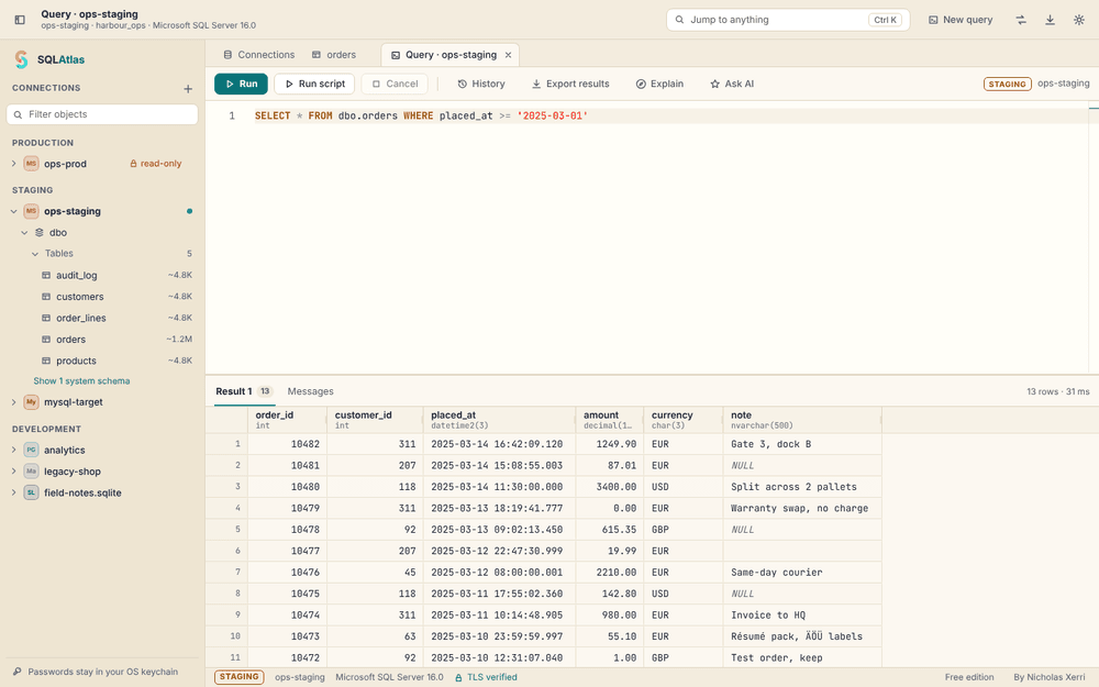 The SQLAtlas SQL editor in the other colour theme, behind the main window.