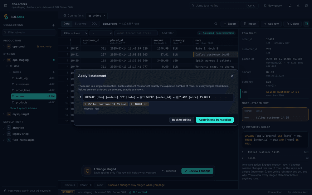 The Apply statement dialog: one UPDATE with typed parameters, expecting exactly one row, applied in a single transaction.