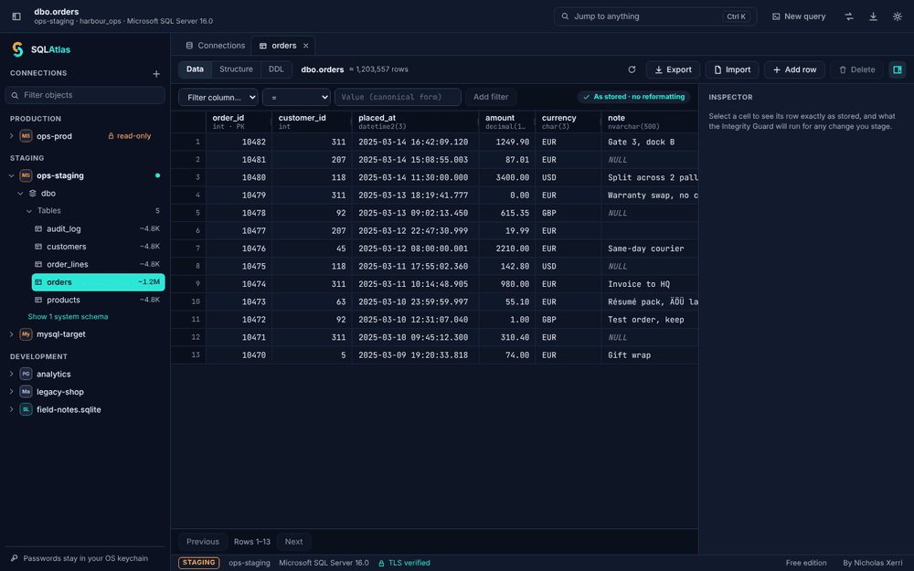 The data grid of dbo.orders, with values shown exactly as stored.